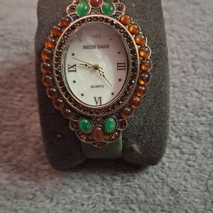 Heidi Daus Green and Brown Beaded With Sworkovski Genuine Leather Quartz Watch